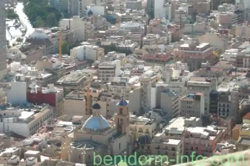 Alicante Cathedral lower centre viewed from Santa Barbara Castle