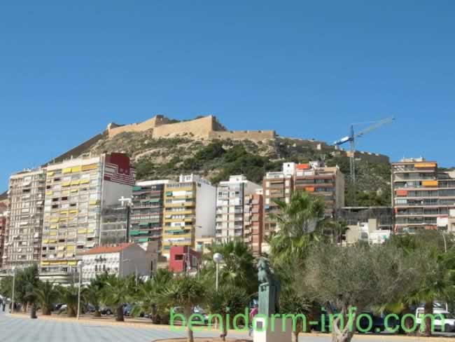 Santa Barbara Castle towers over the tall sea front buildings