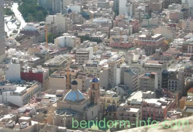 Alicante Cathedral lower centre viewed from  Santa Barbara Castle